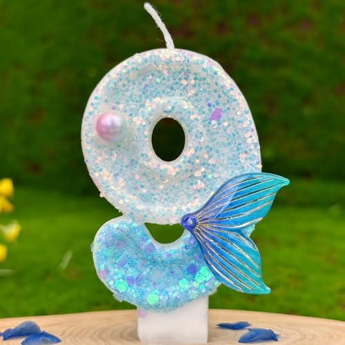 HUATEEN Meerjungfrauen-Geburtstagskerzen 9, Glitzernde Zahlen-Kerzen mit Zahlen in Metallic-Blau und Silber als Kuchen-Topper für Geburtstagstorten, Cupcakes & Partys (Erwachsene/Kinder) von HUATEEN