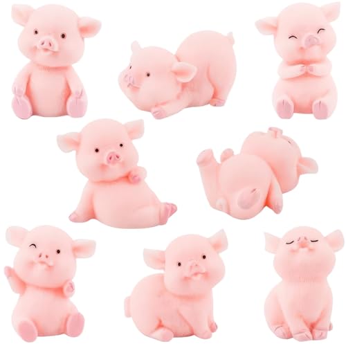 HUATEEN Mini Schweinefiguren Set,8 süße Glücksschweinchen Glücksbringer Schweinefiguren aus Kunstharz für Geburtstage und Babypartys Rosa GlücksschweinDekoration Miniatur-Bauernhoftier für Kinder von HUATEEN