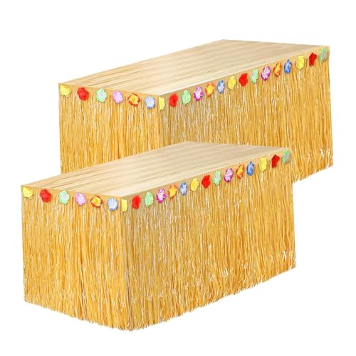 2 Stück Hawaii-Tischrock, Hawaii-Partydekoration, Gras-Tischröcke mit bunten Blumen, Tischdekoration für tropische Party, Hawaii, Sommer, Garten, Strand, BBQ, Mottoparty von HUFACAI