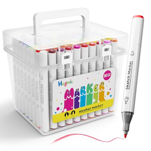 HUGMIE 80 Farben Alkohol Marker, Filzstifte für Erwachsene, Twin Marker für Manga,Design,Malerei,Zeichnung von HUGMIE