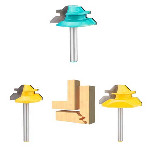 HUHAO 45-Grad-Gehrungsfräser-Bit, 3-teiliges Set, 6,35 mm Schaft, 3,8 cm, 3,8 cm, 5,1 cm Durchmesser, Erstellung von Schloss-Gehrungsgelenken, Türfenstern und Schränken, Hartmetallbestückter Fräser von HUHAO