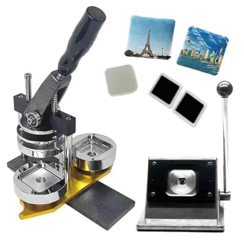 Buttonmaschine, 50 x 50 mm quadratische Kühlschrankmagnet-Maschine, Kühlschrankaufkleber-Herstellungsmaschine, 2 x 2 Zoll DIY-Fotomagnet-Pressmaschine + Papierschneider + 100-teilige Materialien von HUIBBGO