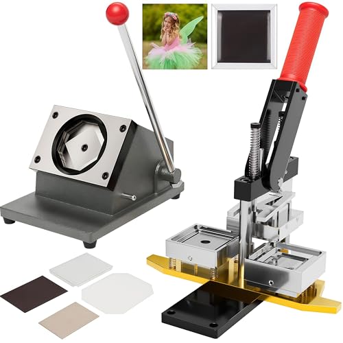 Buttonmaschine, quadratische Kühlschrankmagnete (5,1 x 5,1 cm), Kühlschrankaufkleber-Herstellungsmaschine, DIY-Foto-Kühlschrankaufkleber-Magnetpresse + Papierschneider + 100-teilige Materialien von HUIBBGO