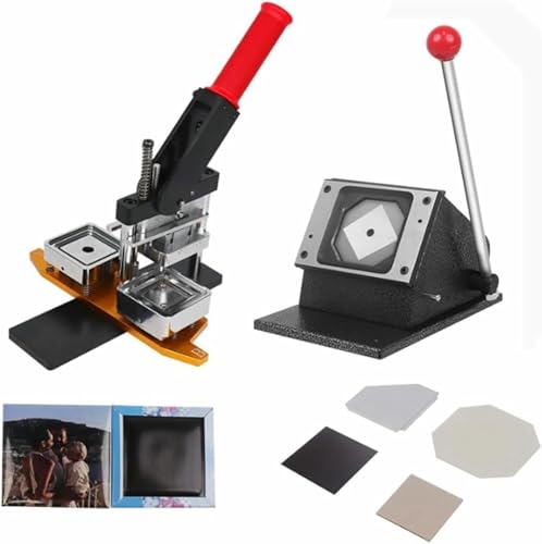 HUIBBGO Button-Maker-Maschine, Fotomagnet-Maker-Maschine, quadratische Kühlschrankmagnet-Button-Button-Maker + Papierschneider + 100-teiliges Verbrauchsmaterial, DIY-Metall-Button-Press-Kit von HUIBBGO