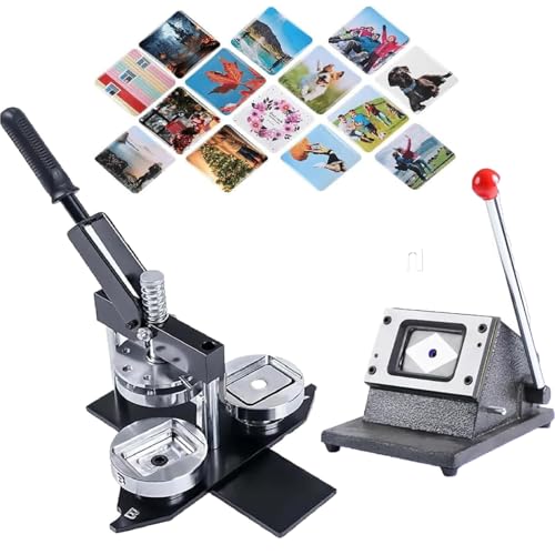 HUIBBGO Buttonmaschine, Fotomagnet-Herstellungsmaschine, Kühlschrankaufkleber-Herstellungsmaschine, Fotomagnetpresse + Papierschneider + 120 Materialsätze zum Dekorieren von Kühlschränken, 50 x 50 mm von HUIBBGO