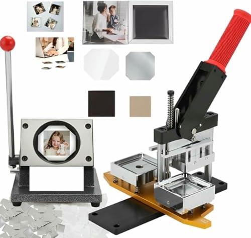 HUIBBGO Buttonmaschine, quadratische Kühlschrankmagnete, 50 x 50 mm, 5,1 x 5,1 cm, DIY-Foto-Kühlschrankaufkleber, Magnetpresse + Papierschneider + 100-teilige Materialien von HUIBBGO