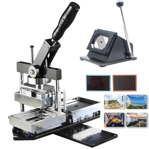 HUIBBGO Kühlschrankmagnet-Button-Maker-Maschine – 80 x 53 mm quadratische Buttonpresse mit Papierschneider + 100-teilige Komponenten für selbstgemachte Foto-Kühlschrankaufkleber für Team-Buttons von HUIBBGO