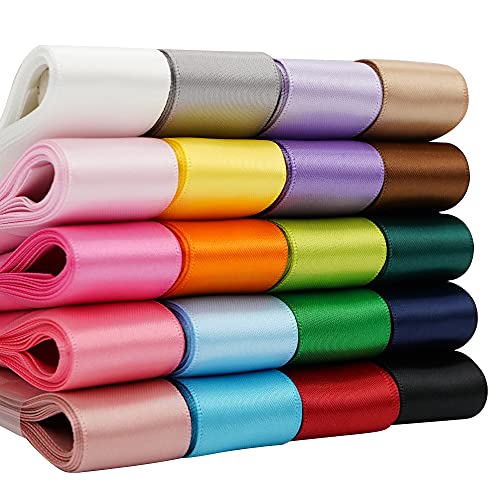 HUIHUANG 2,5 cm einfarbiges Satinband Sortiment Farbiges Band für Geschenkverpackungen, doppelseitiges Satinband zum Basteln, 20 Farben mit je 2 m, insgesamt 40 Meter pro Packung. von HUIHUANG