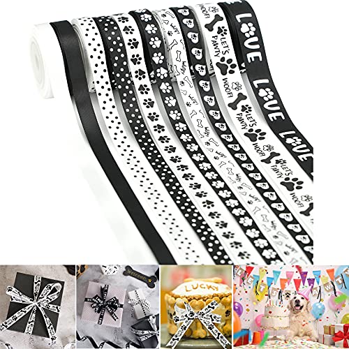 HUIHUANG Pfotenabdruck Band Hundeknochen Satinband Sortiment Schwarz und Weiß Band, 3/8 Zoll 5/8 Zoll 10 Rollen 45,7 m, sortiertes Band für Handwerk Hund Party Zubehör Geschenkverpackung Dekoration von HUIHUANG