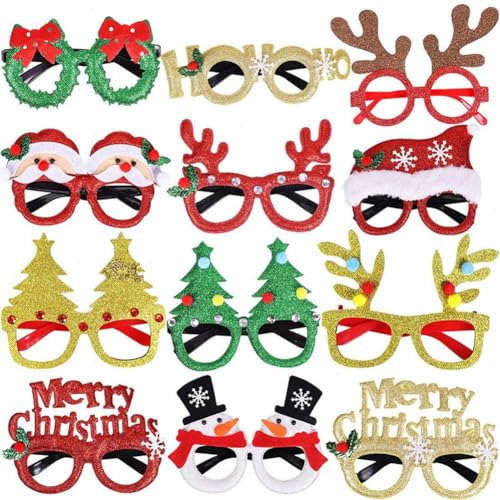 HUIIUH 12 Stück Weihnachts-Party-Brillen, glitzernde Brillengestelle, Kostüm-Brillen-Zubehör, lustige Weihnachtsgeschenke, große Fotokabinen-Requisiten für Kinder, Erwachsene, Teenager, Frauen von HUIIUH