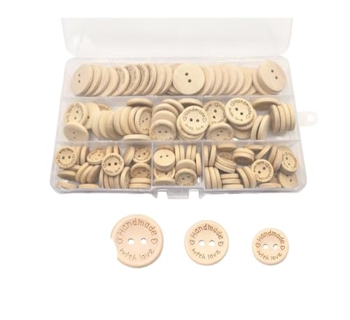 Holzknöpfe, verschiedene Größen, 100/140 Stück, natürliches Khaki, handgefertigt mit Liebesanhängern zum Nähen, Basteln, DIY-Zubehör (140 Stück) von HUIJIQX