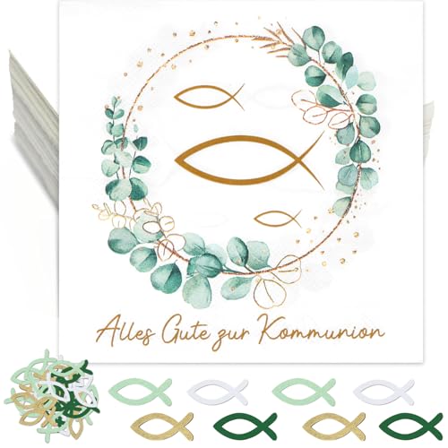 HUKUMA 40 Stück Servietten Kommunion + 80 Holzfische Streudeko, Konfirmation Deko Junge Mädchen Eukalyptus Grün,Gastgeschenke Tischdeko für Taufe, Kommunion, Konfirmation und mehr, 33 x 33cm HUKUMA 40 Stück Servietten Kommunion + 80 Holzfische Streudeko, Konfirmation Deko Junge Mädchen Eukalyptus Grün,Gastgeschenke Tischdeko für Taufe, Kommunion, Konfirmation und mehr, 33 x 33cm von HUKUMA