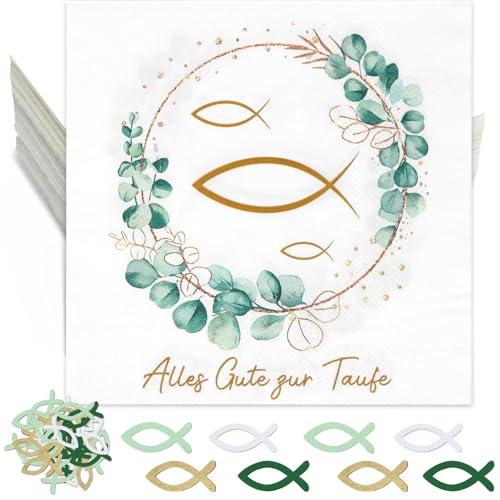 HUKUMA 40 Stück Servietten Kommunion + 80 Holzfische Streudeko, Konfirmation Deko Junge Mädchen Eukalyptus Grün,Gastgeschenke Tischdeko für Taufe, Kommunion, Konfirmation und mehr, 33 x 33cm HUKUMA 40 Stück Servietten Kommunion + 80 Holzfische Streudeko, Konfirmation Deko Junge Mädchen Eukalyptus Grün,Gastgeschenke Tischdeko für Taufe, Kommunion, Konfirmation und mehr, 33 x 33cm von HUKUMA