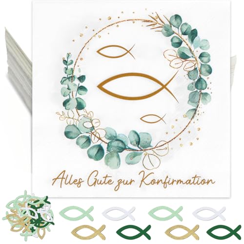 HUKUMA 40 Stück Servietten Kommunion + 80 Holzfische Streudeko, Konfirmation Deko Junge Mädchen Eukalyptus Grün,Gastgeschenke Tischdeko für Taufe, Kommunion, Konfirmation und mehr, 33 x 33cm HUKUMA 40 Stück Servietten Kommunion + 80 Holzfische Streudeko, Konfirmation Deko Junge Mädchen Eukalyptus Grün,Gastgeschenke Tischdeko für Taufe, Kommunion, Konfirmation und mehr, 33 x 33cm von HUKUMA