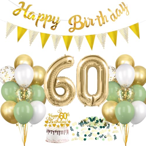 HUKUMA 60 Geburtstag Deko, Salbeigrüne Deko 60.Geburtstag Frauen Männer,60er Geburtstagdeko Luftballon mit Girlande Grün Weiß Gold,Tortendeko Avocado Grüne Konfetti Ballon für Geschenk von HUKUMA