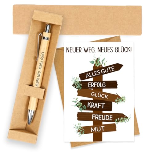 HUKUMA Abschiedsgeschenk Kollegen, Karte Abschied + Holz Kugelschreiber mit Spruch, Geschenk Abschied Kollege mit Geschenkboxen, Abschiedsgeschenk Ruhestand Jobwechsel Mann Frau Kollegin Freunde von HUKUMA
