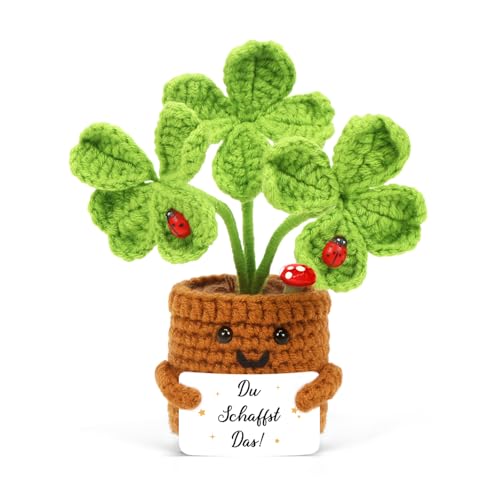HUKUMA Glücksbringer Gestrickte Vierblättriges, Pocket Hug Positive Gehäkelte Blume, Häkelblumen Du schaffst das Geschenk, Kleines Dankeschön Positive Kartoffel, Geschenke für Freunde Kollegen von HUKUMA