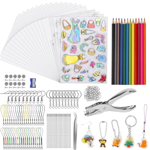 HUMTEOXI 225 Stück Schrumpffolien Set für Kinder, Schrumpffolie zum Basteln mit 20 Schrumpffolie, Schlüsselbundzubehör, Buntstifte, Locher, DIY Handwerk Dekorationen von HUMTEOXI