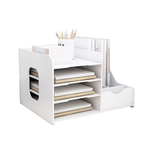 Schreibtisch-Organizer, Briefablage, Aufbewahrungsmodul, Papier-Organizer, A4, Ablageschale für Zuhause, Büro, Schule, 40 x 31 x 25 cm – Weiß (1 Stück) von HUOLE