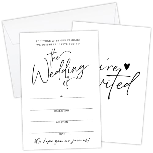 HUQIL Minimalismus Hochzeitseinladungskarten für Mr & Mrs, ideal für Hochzeiten, Brautparty, schwarz-weiß, Einladungen, Partyzubehör und Zubehör, doppelseitig, zum Ausfüllen, 25 Stück, mit Umschlägen HUQIL Minimalismus Hochzeitseinladungskarten für Mr & Mrs, ideal für Hochzeiten, Brautparty, schwarz-weiß, Einladungen, Partyzubehör und Zubehör, doppelseitig, zum Ausfüllen, 25 Stück, mit Umschlägen von HUQIL