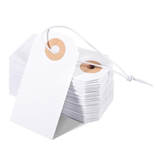 HUSHUI 100 Stück Beschreibbare Weiße Leere Etiketten mit Elastischer Schnur, Verstärkte Loch-Hängeetiketten für Nagelstudio-Markierungs-, Preis- und Identifikationszwecke von HUSHUI