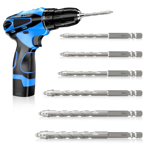 6 Stück Fliesenbohrer Set, Hochfeste Sägezahnbohrer 4/5/6/8/10/12 mm Glasbohrer Vierschneidiger Sägezahn Exzenterbohrer für Porzellan Keramik Fliesen Beton Ziegelwand Glas von HUSOUE
