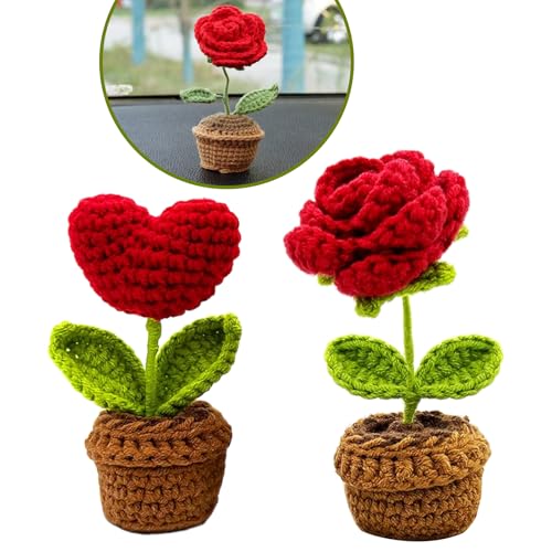 HUSOUE 2 Stück Gestrickte Blumen, Gehäkelte Blumen im Topf Häkelblumen Dekopflanzen Gestrickte Glücksbringer Kunstpflanze Büro Auto Deko Geschenke für Frauen (Rote Rose Rotes Liebesherz) von HUSOUE