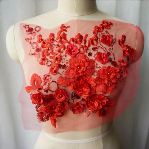 Roter Spitzenstoff 3D Blumen Perlen Pailletten Applikationen Stickerei Mesh Nähen Patch für Hochzeit Abendkleid Dekoration DIY von HUSPOO