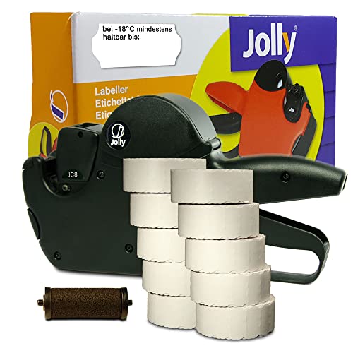 Preisauszeichner Set Jolly C8 inkl. 10 Rollen 26x12 Preisetiketten - weiss Tiefkühl + 1 Farbrolle | Aufdruck: -18°C mindestens haltbar bis | HUTNER von HUTNER