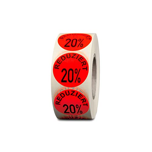 HUTNER Aktionsetiketten"Reduziert 20%" ø 32mm leucht-rot permanent 1.000 runde Aufkleber, Haftetiketten, runde Etiketten von HUTNER