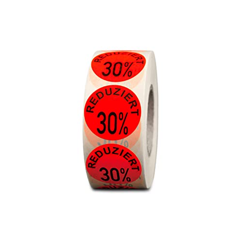 Aktionsetiketten "Reduziert 30%" ø 32mm leucht-rot permanent 1.000 runde Reduziert-Aufkleber, Haftetiketten, runde Etiketten von HUTNER