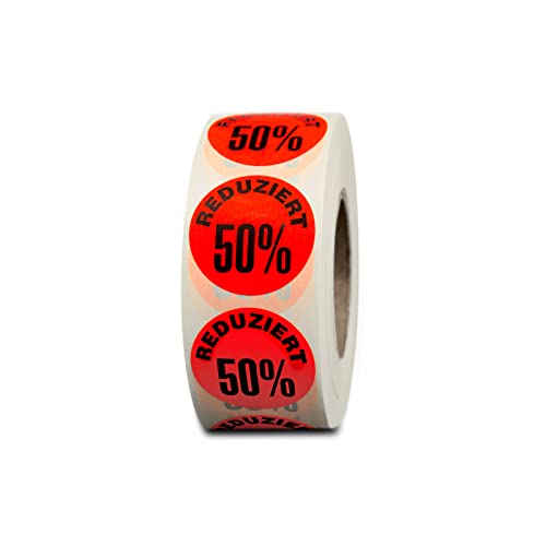 HUTNER Aktionsetiketten"Reduziert 50%" ø 32mm leucht-rot permanent 1.000 runde Aufkleber, Haftetiketten, runde Etiketten von HUTNER