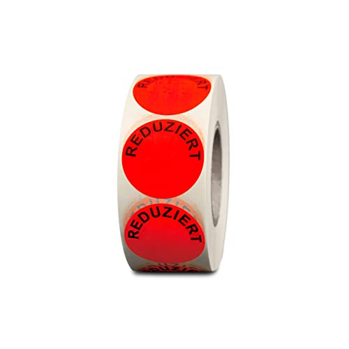 HUTNER Aktionsetiketten"Reduziert" ø 32mm leucht-rot permanent 1.000 runde Aufkleber, Haftetiketten, runde Etiketten von HUTNER