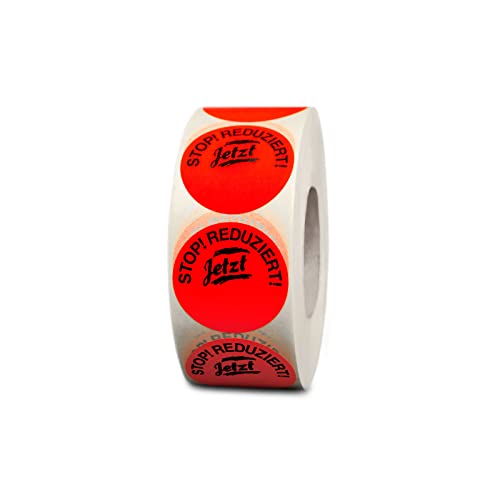 HUTNER Aktionsetiketten"Stop! Reduziert! Jetzt" ø 32mm leucht-rot permanent 1.000 runde Aufkleber, Haftetiketten, runde Etiketten von HUTNER