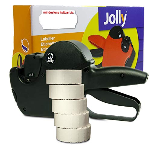 Preisauszeichner Set Jolly C8 inkl. 5 Rollen 26x12 Preisetiketten - weiss permanent | Aufdruck: mindestens haltbar bis | HUTNER von HUTNER