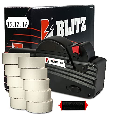 Preisauszeichner Set Blitz C8 inkl. 10 Rollen 26x12 Preisetiketten - weiss permanent + 1 Farbrolle | MHD Datumsauszeichner | HUTNER von HUTNER