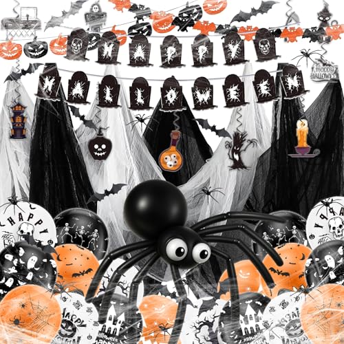 Halloween Partydekoration Set, Grusel-Girlande mit Skeletten, Luftballons mit Kürbis-Motiv, Spinnen-Deko, Fledermäuse, Schwarz-Orange Halloween Partydekoration Set, Grusel-Girlande mit Skeletten, Luftballons mit Kürbis-Motiv, Spinnen-Deko, Fledermäuse, Schwarz-Orange von HUTRADE