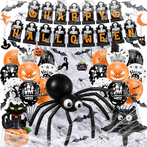 Halloween Partydekoration Set, Luftballons mit Kürbis-Motiv, Grusel-Girlande mit Skeletten, Spinnen-Deko, Fledermäuse, Schwarz-Orange von HUTRADE