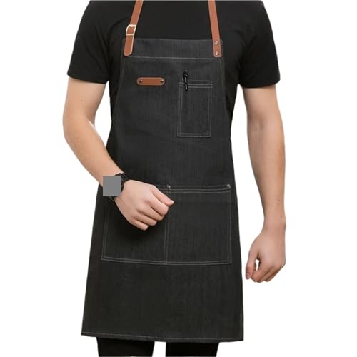 HUWOYG 2-teilige Denim-Arbeitsschürze mit Lederband und Taschen, Schönheitsstudio, Friseurladen, Café, Markt, Bäckerei, Mitarbeiter, Kellneruniform Für Die Arbeit(Black) von HUWOYG