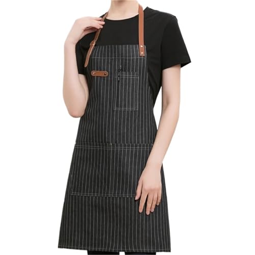 HUWOYG 2-teilige Denim-Arbeitsschürze mit Lederband und Taschen, Schönheitsstudio, Friseurladen, Café, Markt, Bäckerei, Mitarbeiter, Kellneruniform Für Die Arbeit(Black Stripe) von HUWOYG