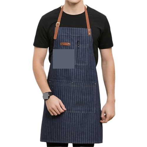 HUWOYG 2-teilige Denim-Arbeitsschürze mit Lederband und Taschen, Schönheitsstudio, Friseurladen, Café, Markt, Bäckerei, Mitarbeiter, Kellneruniform Für Die Arbeit(Blue Stripe) von HUWOYG