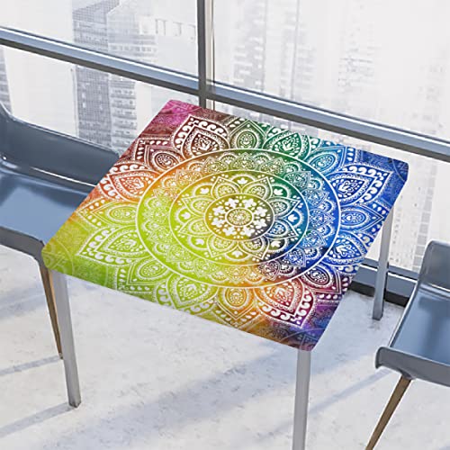 HUXINO Quadratische Tischdecke, 86,4 x 86,4 cm, Regenbogen-Mandala-Muster, wasserdicht, elastisch, Tischdekoration, für Party, Esszimmer, Innen- und Außenbereich, Kartentisch von HUXINO