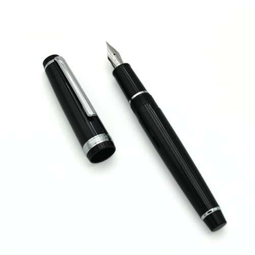 JINHAO 82 Füllfederhalter, Acrylmaterial, Stiftschaft, Iridium, mittlere Feder mit Tintenkonverter, glattes Schreiben, klassisches Design, Schwarz (silberfarbener Rand, M) von HUYUTAWE