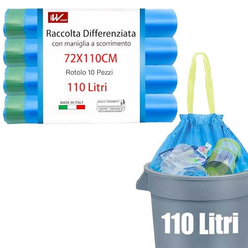 HW 40 Stück Müllbeutel für Mülltrennung, 110 Liter mit Schiebegriff, hohe Festigkeit, Mülltrennung für recycelbar (Blau 72 x 110 cm) von HW CASA