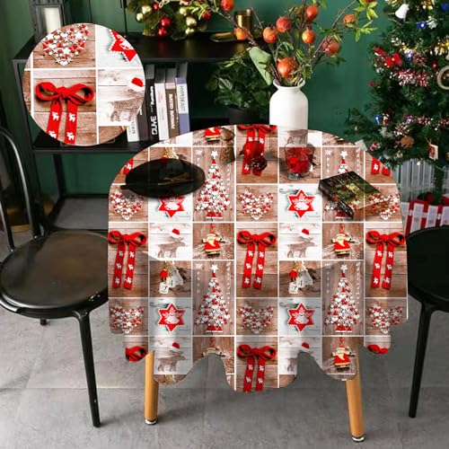 HW CASA Runde Weihnachtstischdecke 140 × 140 cm, Dekoration für Weihnachten und Neujahr Feiertage Party, hochauflösender Druck, gratis 4 Stück Tischtuchklammern (braune Schleife) von HW CASA