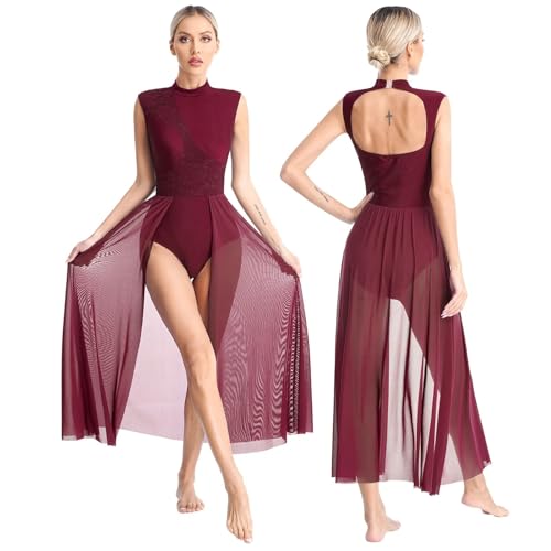 HWJFDC Moderne Ballettkostüme Damen Ballettanzug mit glänzendem Strass, lyrischer Tanz, Neckholder, Netzstoff, Gymnastik, modernes und zeitgenössisches Trikot, Tanzbekleidung(Burgundy,M) von HWJFDC