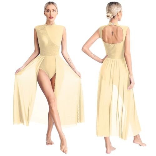 HWJFDC Moderne Ballettkostüme Damen Ballettanzug mit glänzendem Strass, lyrischer Tanz, Neckholder, Netzstoff, Gymnastik, modernes und zeitgenössisches Trikot, Tanzbekleidung(Champagne,S) von HWJFDC