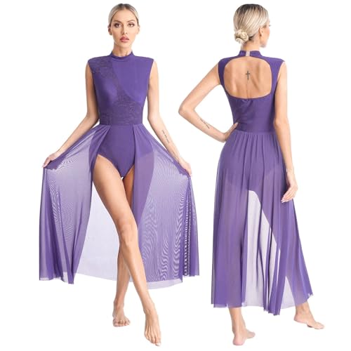 HWJFDC Moderne Ballettkostüme Damen Lyrisches Tanzkleid mit Blumenspitze, geteiltes Netzstoff, Trikot for Ballett, Gymnastik, Eiskunstlauf, Moderne zeitgenössische Performance-Tanzkleidung(Purple,L) HWJFDC Moderne Ballettkostüme Damen Lyrisches Tanzkleid mit Blumenspitze, geteiltes Netzstoff, Trikot for Ballett, Gymnastik, Eiskunstlauf, Moderne zeitgenössische Performance-Tanzkleidung(Purple,L) von HWJFDC