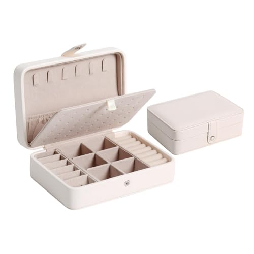 HWJFDC Schmuckaufbewahrung Tragbare Schmuckschatulle aus Leder, doppellagig, Schmuck-Organizer, Display, Reise-Schmucketui, Aufbewahrungsboxen for Ohrringe, Ringe, Halsketten(StyleA-White) von HWJFDC
