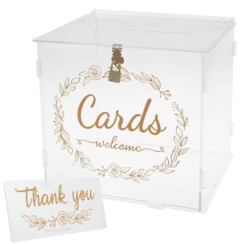 Kartenbox Hochzeit Hochzeitskartenbox mit Schloss, Dankesschild, transparente Spardose, Geschenkumschlag, Sammelbox for Hochzeitsfeierzubehör (Color : Gold, Size : 25.5cmx21.5cmx25cm) von HWJFDC